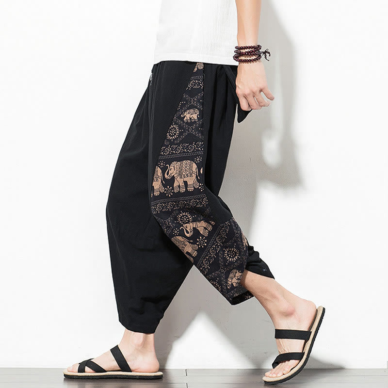 Pantalones harén cortos de algodón con estampado de elefante marrón y Buddha Stones para hombre con bolsillos - Negro - US/UK/AU46, EU56 (5XL) - image 0