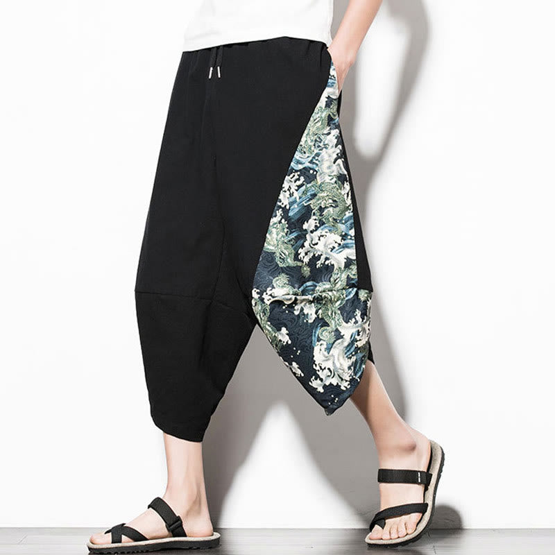 Pantalones harén cortos de algodón con estampado de ondas verdes y Buddha Stones para hombre con bolsillos - image 4