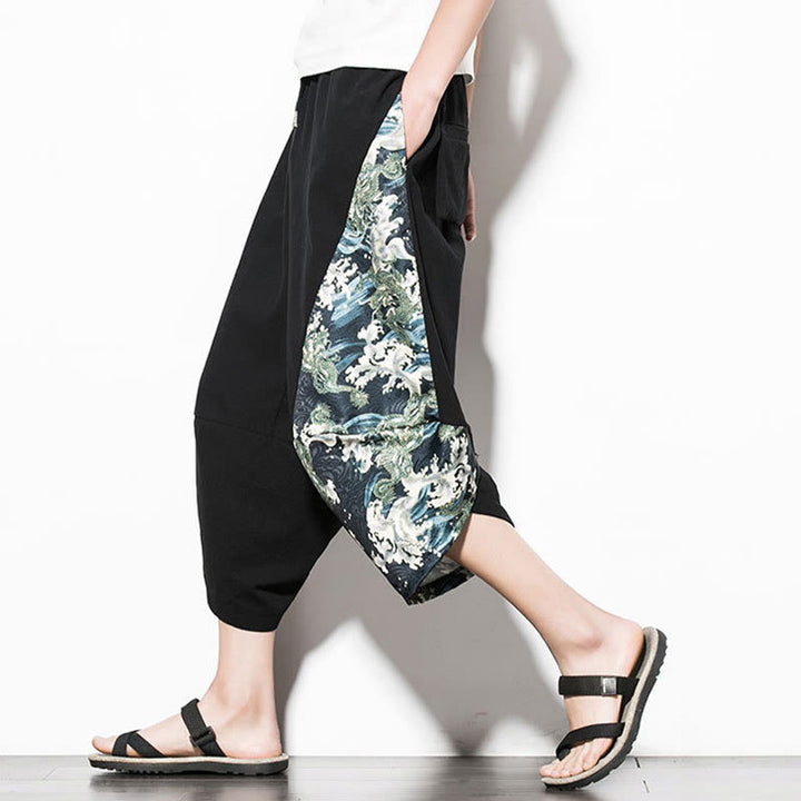 Pantalones harén cortos de algodón con estampado de ondas verdes y Buddha Stones para hombre con bolsillos - image 7