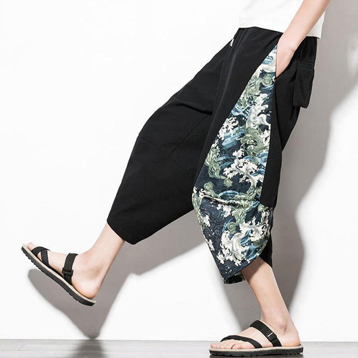 Pantalones harén cortos de algodón con estampado de ondas verdes y Buddha Stones para hombre con bolsillos - image 8