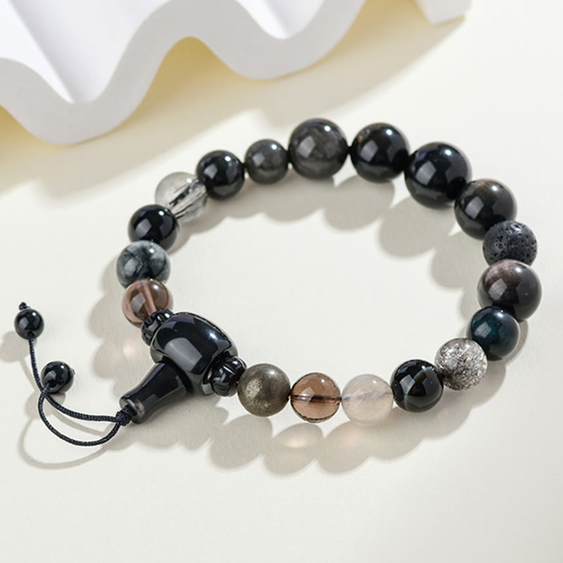 Pulsera de sabiduría y riqueza con obsidiana negra y cristales variados de cinco elementos y Buddha Stones