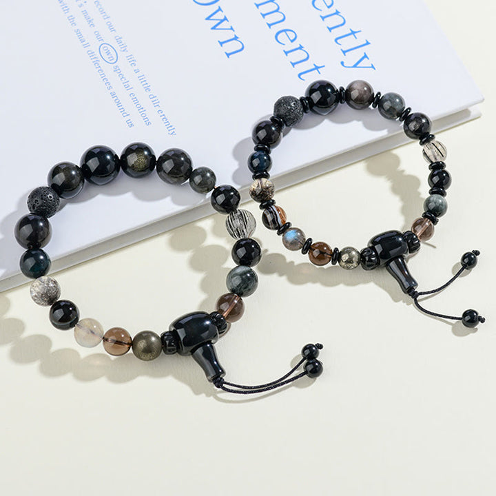 Pulsera de sabiduría y riqueza con obsidiana negra y cristales variados de cinco elementos y Buddha Stones