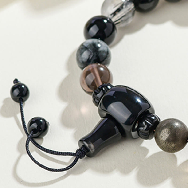 Pulsera de sabiduría y riqueza con obsidiana negra y cristales variados de cinco elementos y Buddha Stones