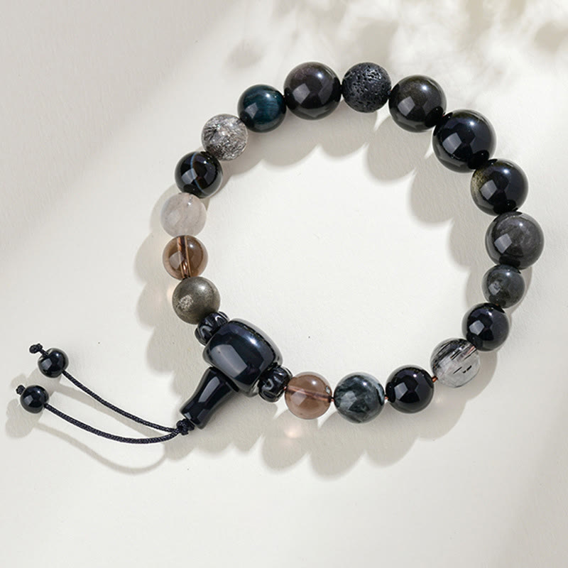Pulsera de sabiduría y riqueza con obsidiana negra y cristales variados de cinco elementos y Buddha Stones