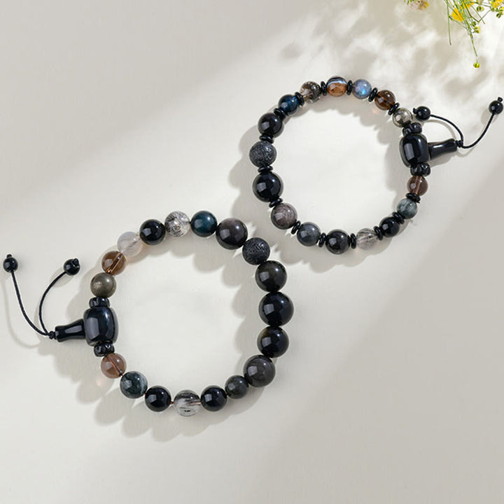 Pulsera de sabiduría y riqueza con obsidiana negra y cristales variados de cinco elementos y Buddha Stones