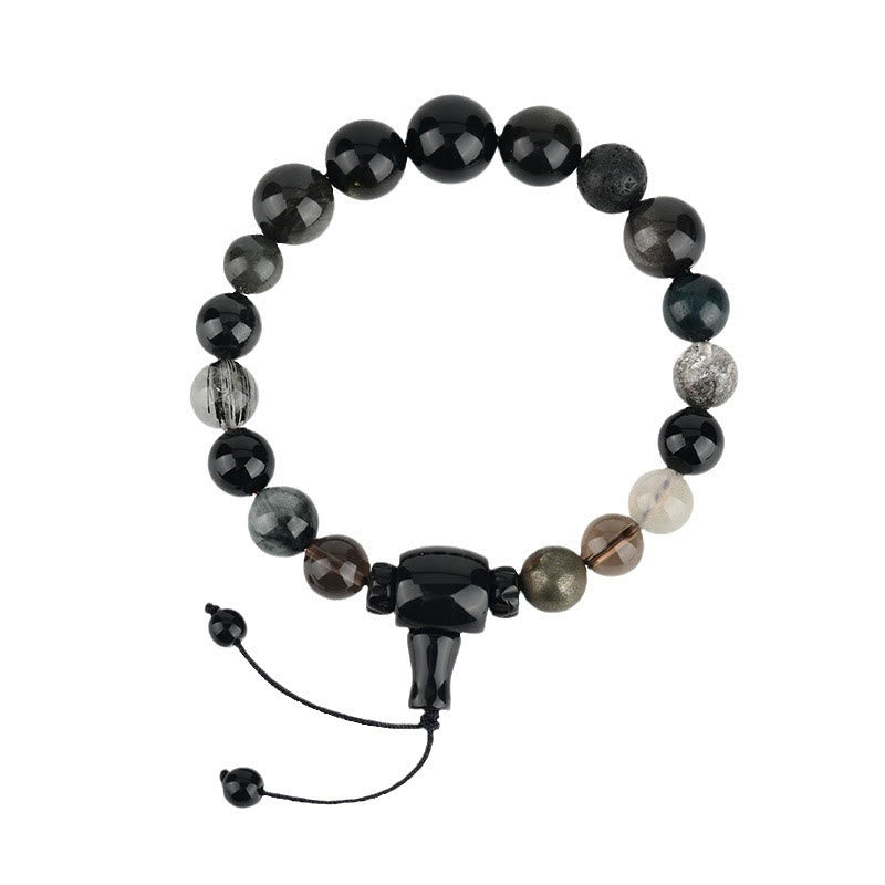 Pulsera de sabiduría y riqueza con obsidiana negra y cristales variados de cinco elementos y Buddha Stones