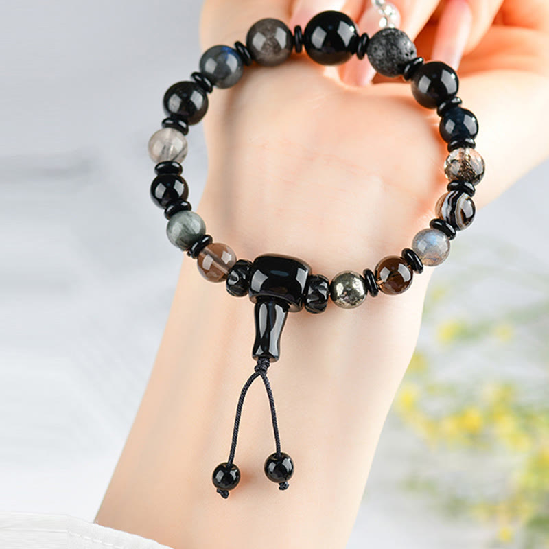 Pulsera de sabiduría y riqueza con obsidiana negra y cristales variados de cinco elementos y Buddha Stones