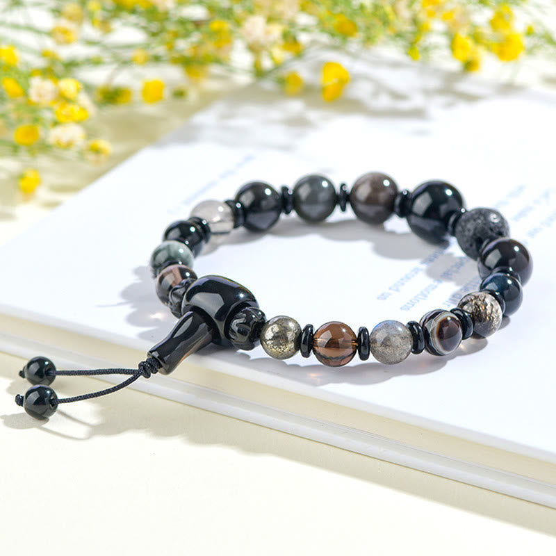 Pulsera de sabiduría y riqueza con obsidiana negra y cristales variados de cinco elementos y Buddha Stones
