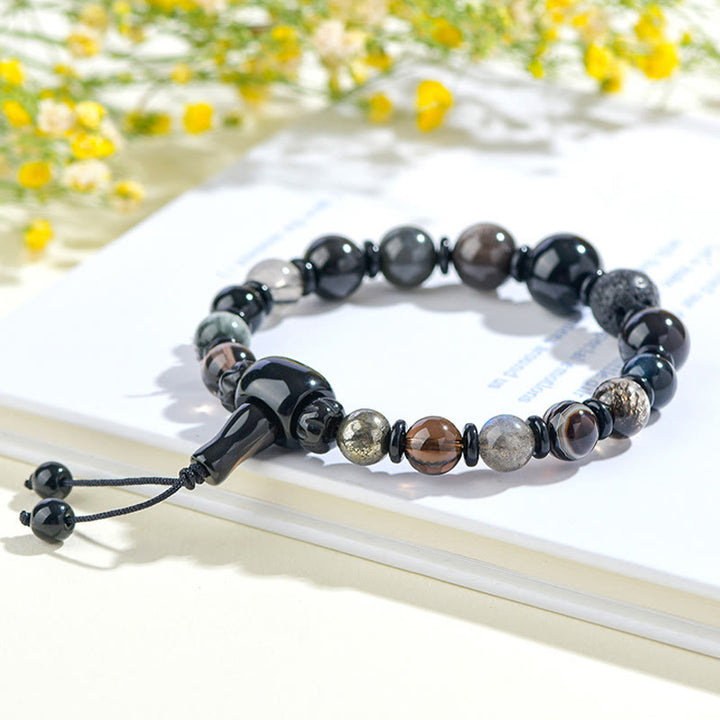 Pulsera de sabiduría y riqueza con obsidiana negra y cristales variados de cinco elementos y Buddha Stones