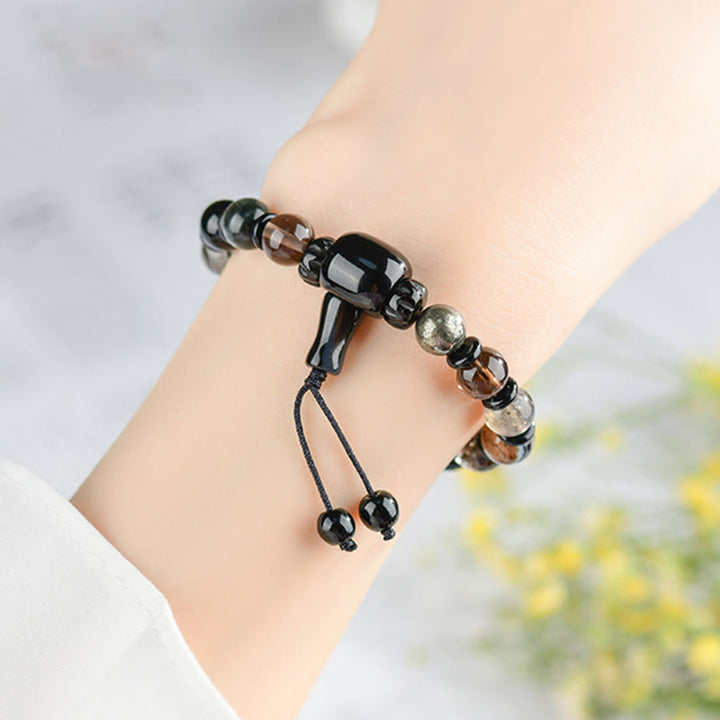 Pulsera de sabiduría y riqueza con obsidiana negra y cristales variados de cinco elementos y Buddha Stones