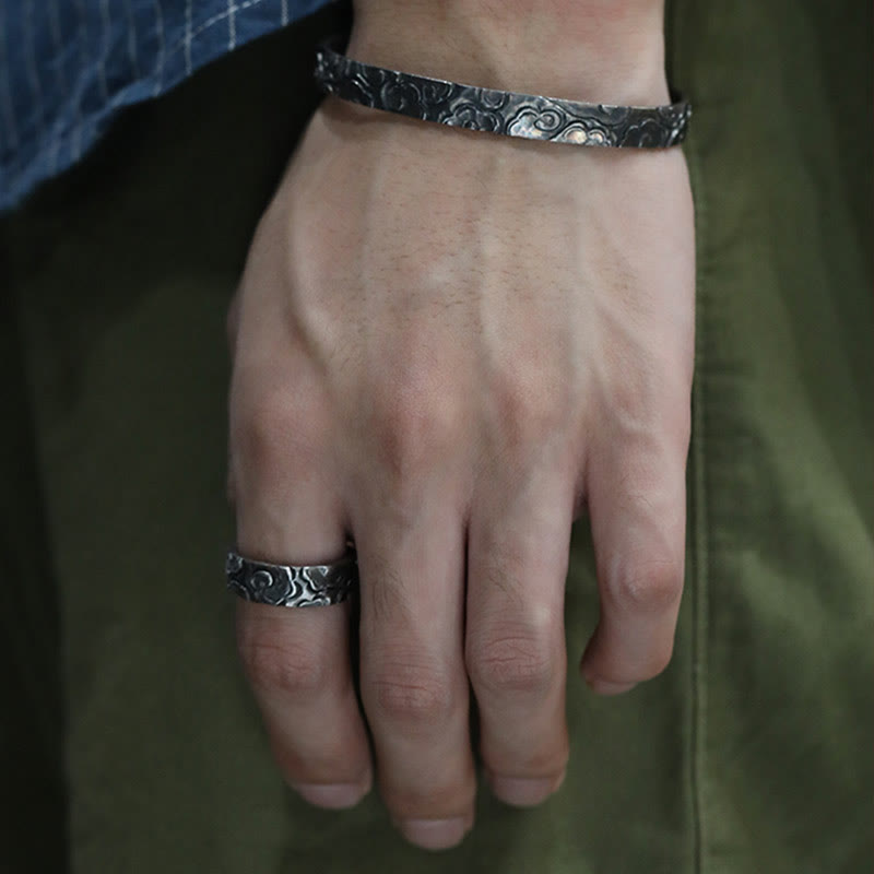 Anillo de protección ajustable con nubes auspiciosas de plata de ley 999 y Buddha Stones - image 1