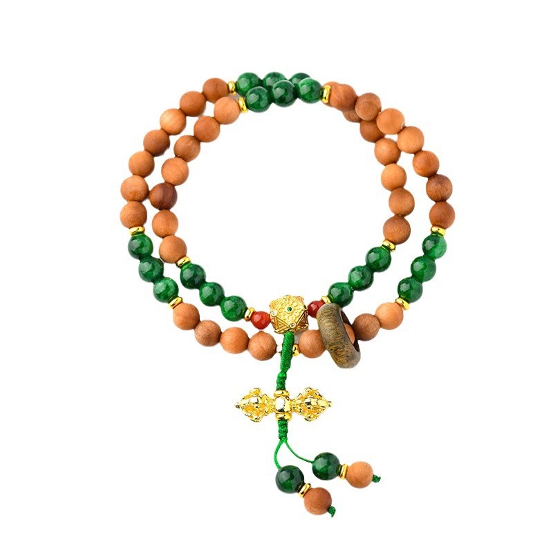 Pulsera de protección y curación con diseño de doble torsión de vajra, dorje tibetano y cuentas de madera de sándalo y Buddha Stones