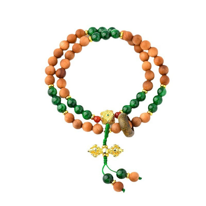 Pulsera de protección y curación con diseño de doble torsión de vajra, dorje tibetano y cuentas de madera de sándalo y Buddha Stones