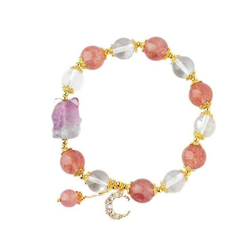 Pulsera con colgante de luna de zorro de nueve colas y cuarzo fresa blanco natural de Buddha Stones