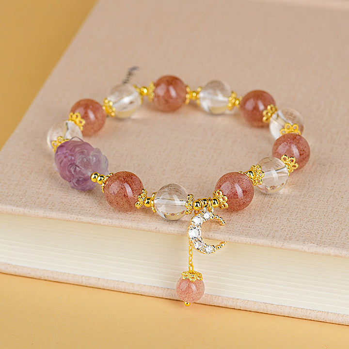 Pulsera con colgante de luna de zorro de nueve colas y cuarzo fresa blanco natural de Buddha Stones