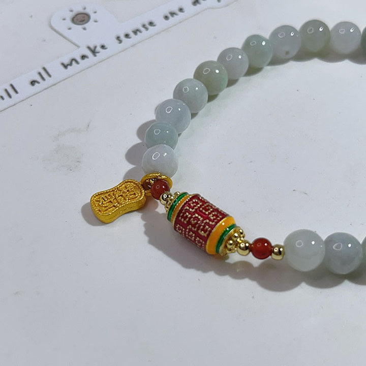 Pulsera de abundancia y prosperidad con rueda de oración con caracteres Fu de jade natural tibetano y Buddha Stones
