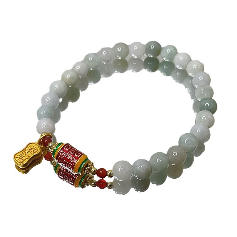 Pulsera de abundancia y prosperidad con rueda de oración con caracteres Fu de jade natural tibetano y Buddha Stones
