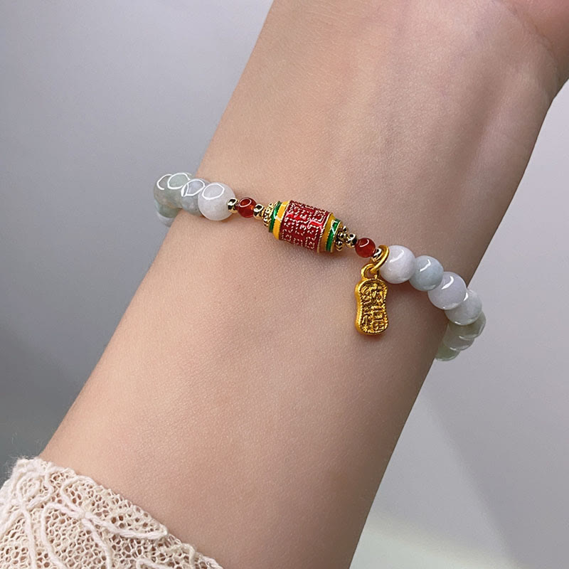 Pulsera de abundancia y prosperidad con rueda de oración con caracteres Fu de jade natural tibetano y Buddha Stones