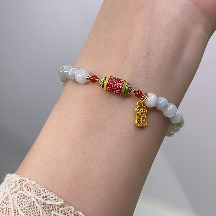Pulsera de abundancia y prosperidad con rueda de oración con caracteres Fu de jade natural tibetano y Buddha Stones