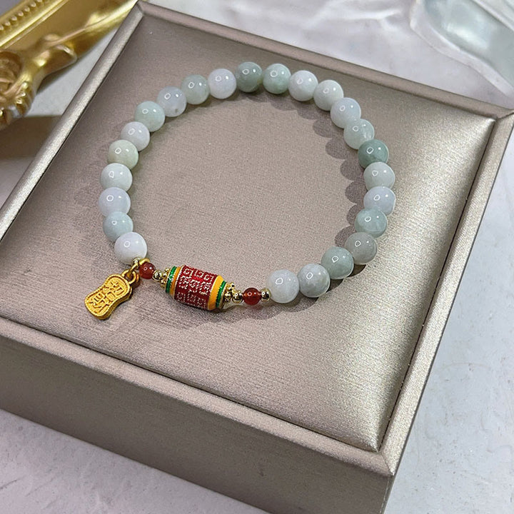 Pulsera de abundancia y prosperidad con rueda de oración con caracteres Fu de jade natural tibetano y Buddha Stones