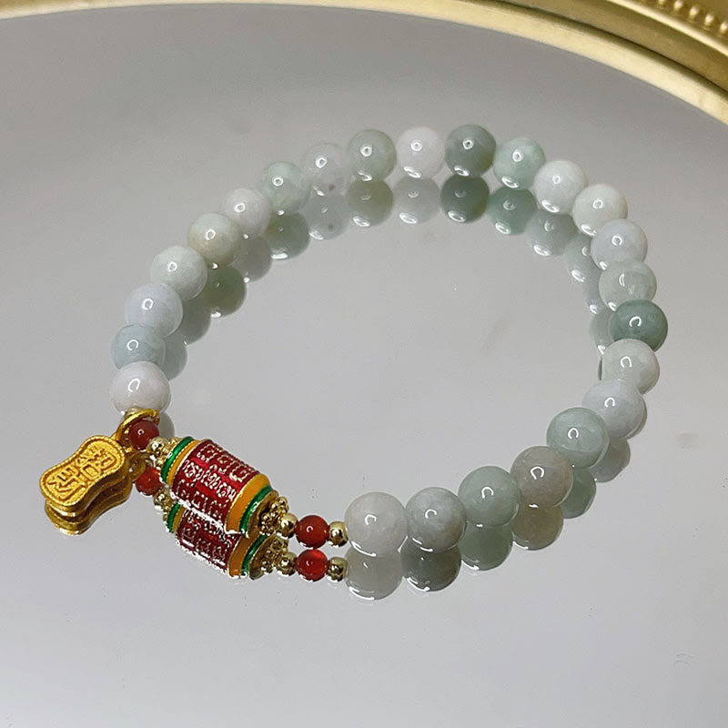Pulsera de abundancia y prosperidad con rueda de oración con caracteres Fu de jade natural tibetano y Buddha Stones