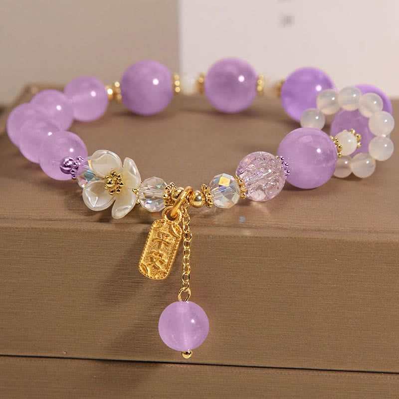 Pulsera curativa de flores de calcedonia, amatista, cristal azul natural, Buddha Stones