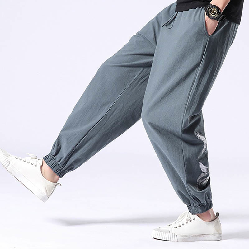 Pantalones harén con cordón y bolsillos para hombre con diseño bordado de grulla blanca y Buddha Stones - image 4