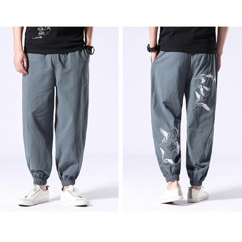 Pantalones harén con cordón y bolsillos para hombre con diseño bordado de grulla blanca y Buddha Stones - image 5