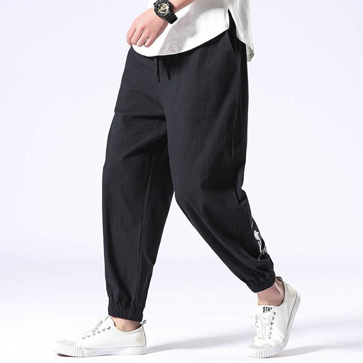 Pantalones harén con cordón y bolsillos para hombre con diseño bordado de grulla blanca y Buddha Stones - image 8