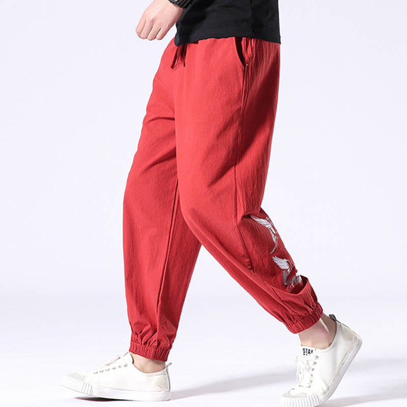 Pantalones harén con cordón y bolsillos para hombre con diseño bordado de grulla blanca y Buddha Stones - image 13