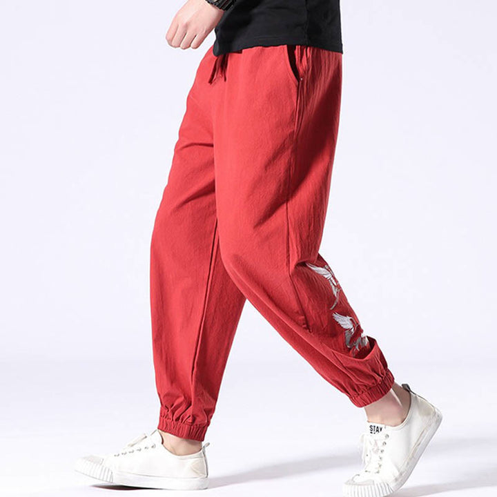 Pantalones harén con cordón y bolsillos para hombre con diseño bordado de grulla blanca y Buddha Stones - image 13