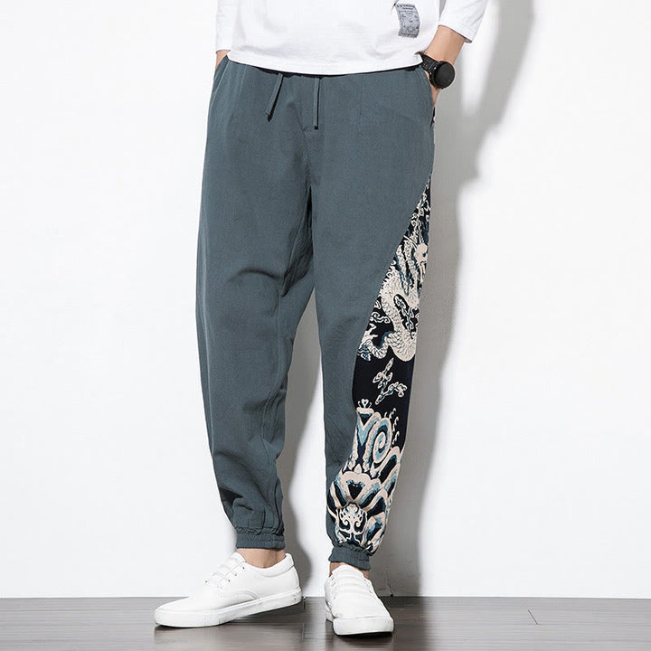 Pantalones de algodón con bolsillos para hombre con ondas de dragón de verano y Buddha Stones