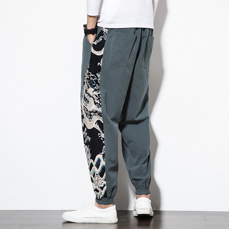 Pantalones de algodón con bolsillos para hombre con ondas de dragón de verano y Buddha Stones - image 2