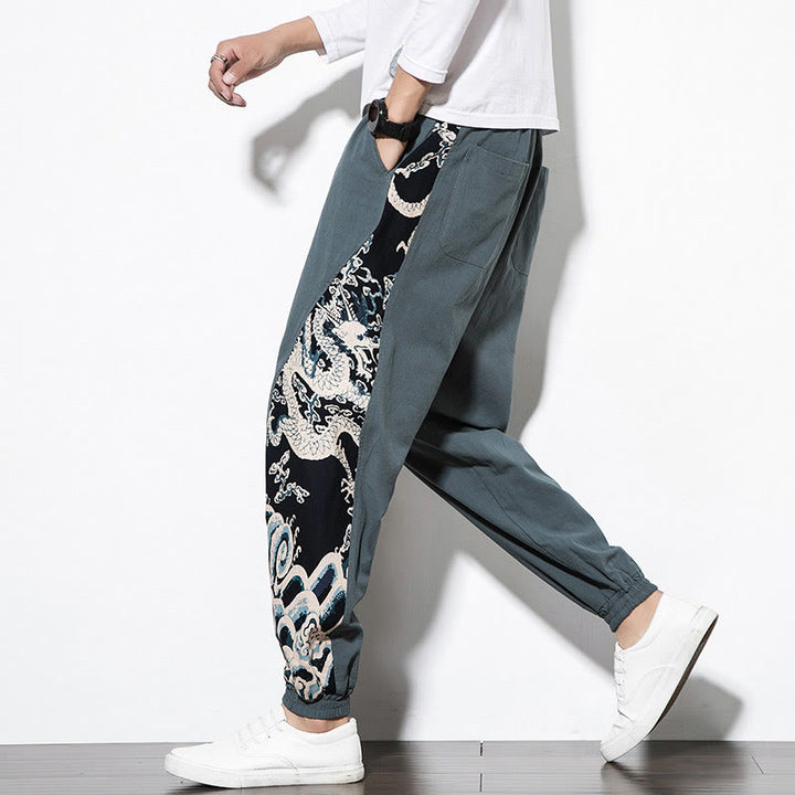 Pantalones de algodón con bolsillos para hombre con ondas de dragón de verano y Buddha Stones - image 5