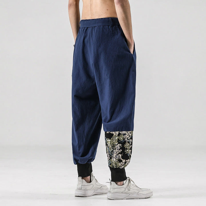 Pantalones harén de algodón con cordones y bolsillos para hombre con estampado de olas del océano y Buddha Stones - image 32