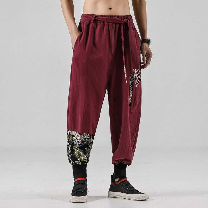 Pantalones harem para hombre con cordones y bolsillos, estampado de Buddha Stones y olas del océano. - Rojo indio - US/UK/AU46, EU56 (5XL)  - image 13