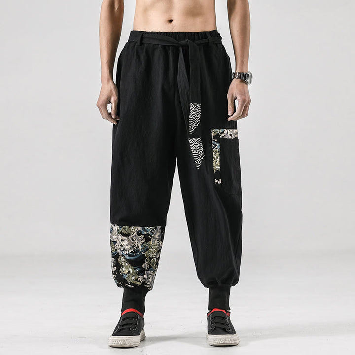 Pantalones harén de algodón con cordones y bolsillos para hombre con estampado de olas del océano y Buddha Stones - Negro - US/UK/AU46, EU56 (5XL)  - image 0