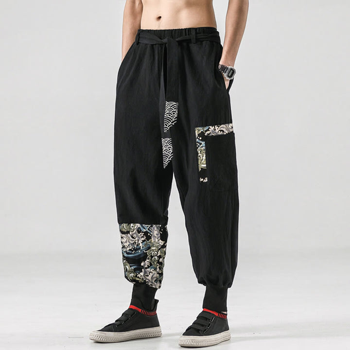 Pantalones harén de algodón con cordones y bolsillos para hombre con estampado de olas del océano y Buddha Stones - image 4