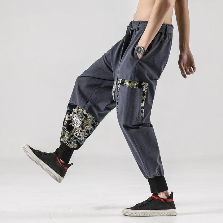Pantalones harén de algodón con cordones y bolsillos para hombre con estampado de olas del océano y Buddha Stones - image 29