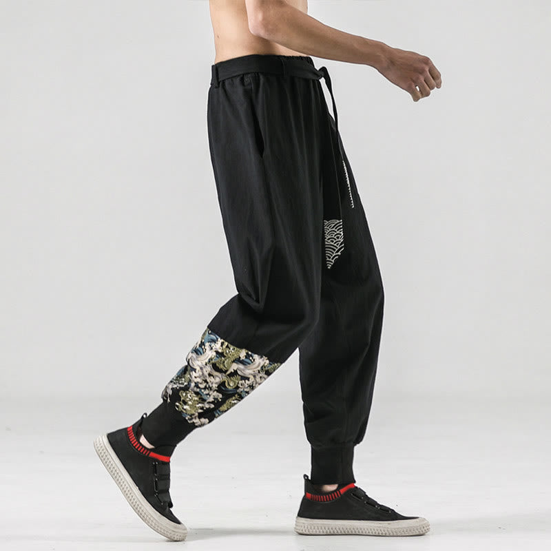 Pantalones harén de algodón con cordones y bolsillos para hombre con estampado de olas del océano y Buddha Stones - image 6