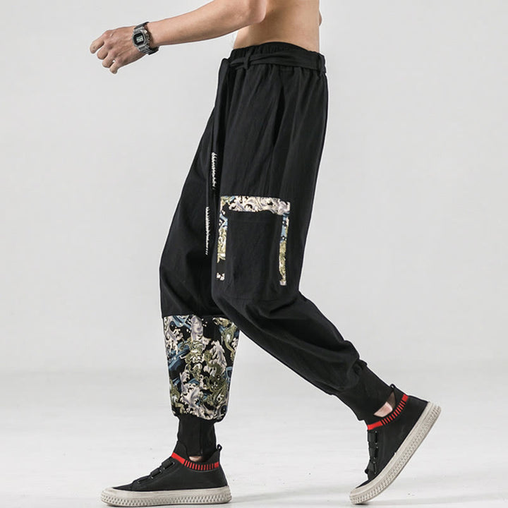 Pantalones harén de algodón con cordones y bolsillos para hombre con estampado de olas del océano y Buddha Stones - image 7
