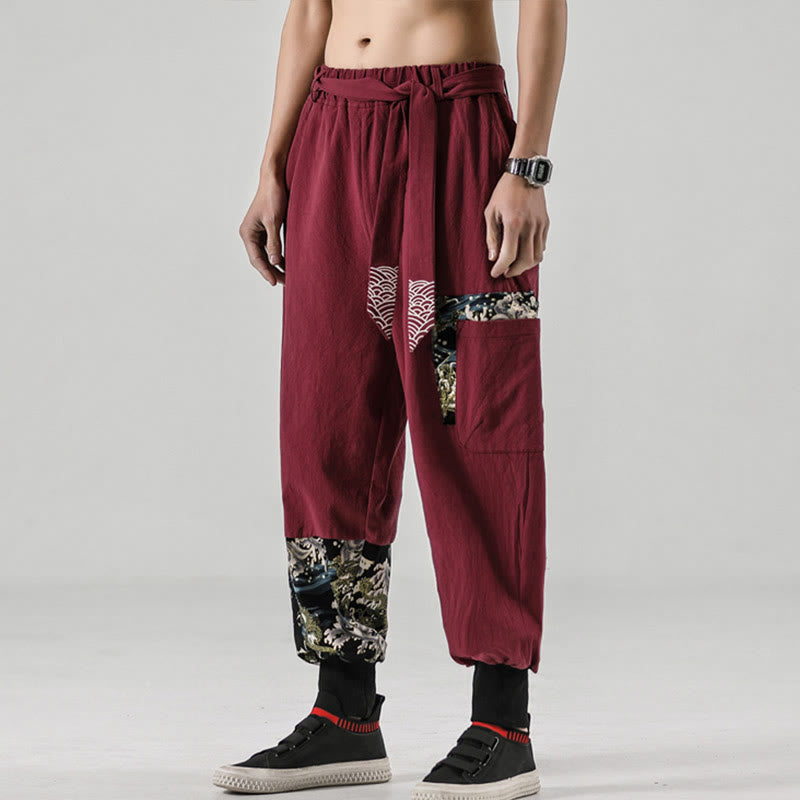Pantalones harén de algodón con cordones y bolsillos para hombre con estampado de olas del océano y Buddha Stones - image 21