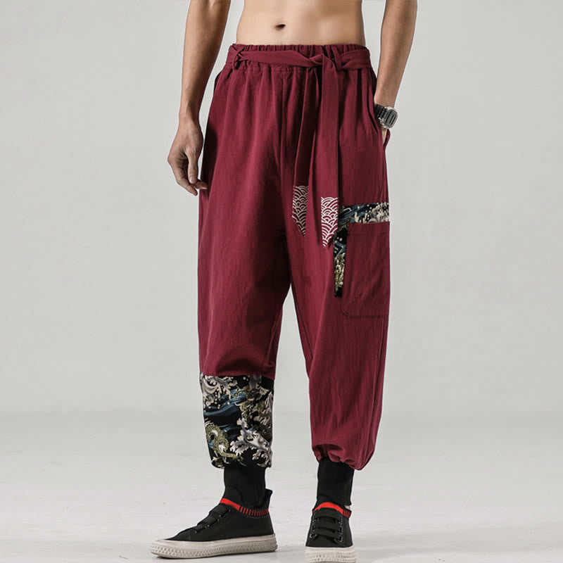Pantalones harén de algodón con cordones y bolsillos para hombre con estampado de olas del océano y Buddha Stones - image 19