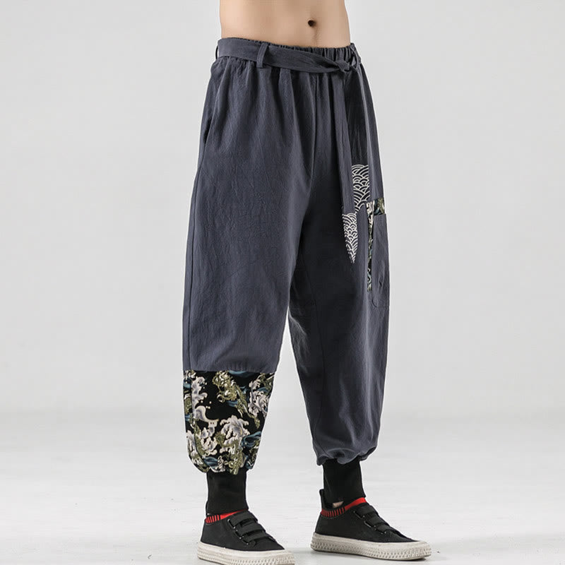 Pantalones harén de algodón con cordones y bolsillos para hombre con estampado de olas del océano y Buddha Stones - image 23