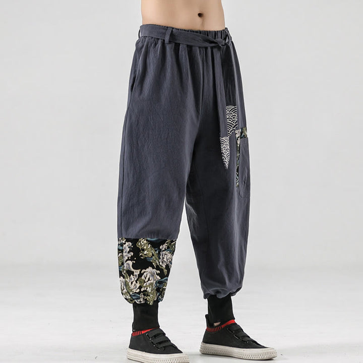 Pantalones harén de algodón con cordones y bolsillos para hombre con estampado de olas del océano y Buddha Stones - image 23