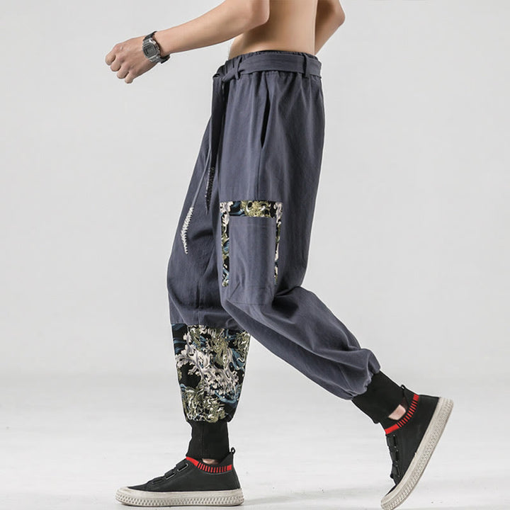 Pantalones harén de algodón con cordones y bolsillos para hombre con estampado de olas del océano y Buddha Stones - image 26
