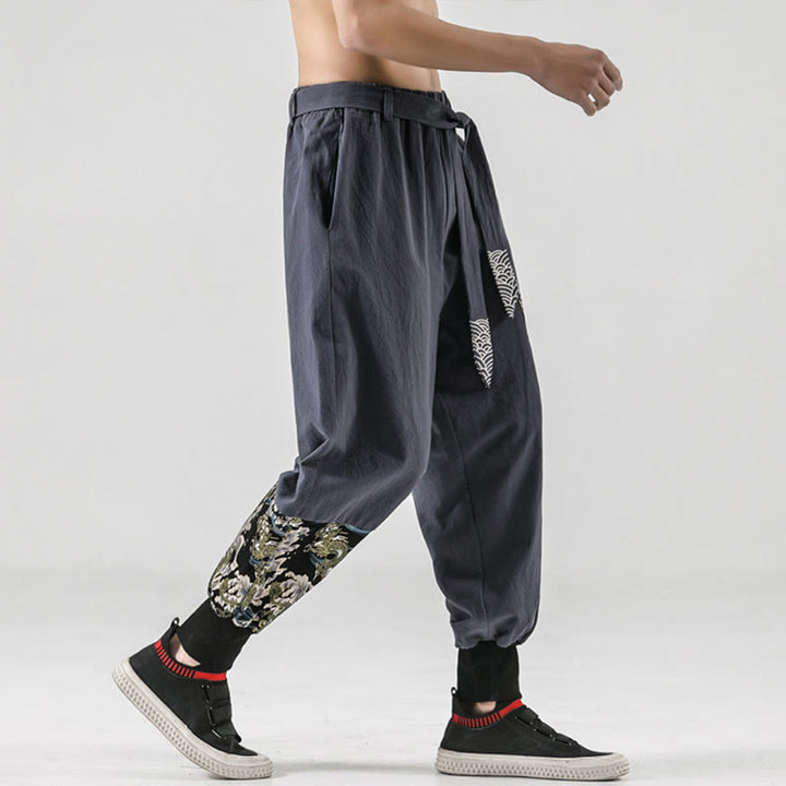Pantalones harén de algodón con cordones y bolsillos para hombre con estampado de olas del océano y Buddha Stones - image 25