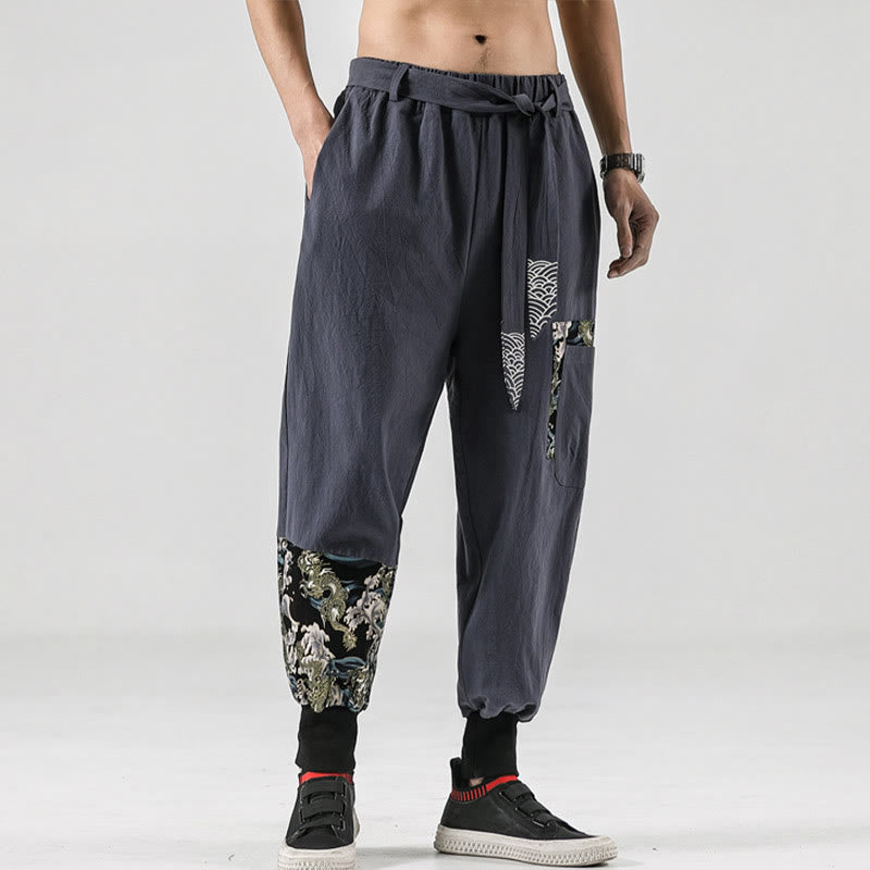 Pantalones harén de algodón con cordones y bolsillos para hombre con estampado de olas del océano y Buddha Stones - image 28