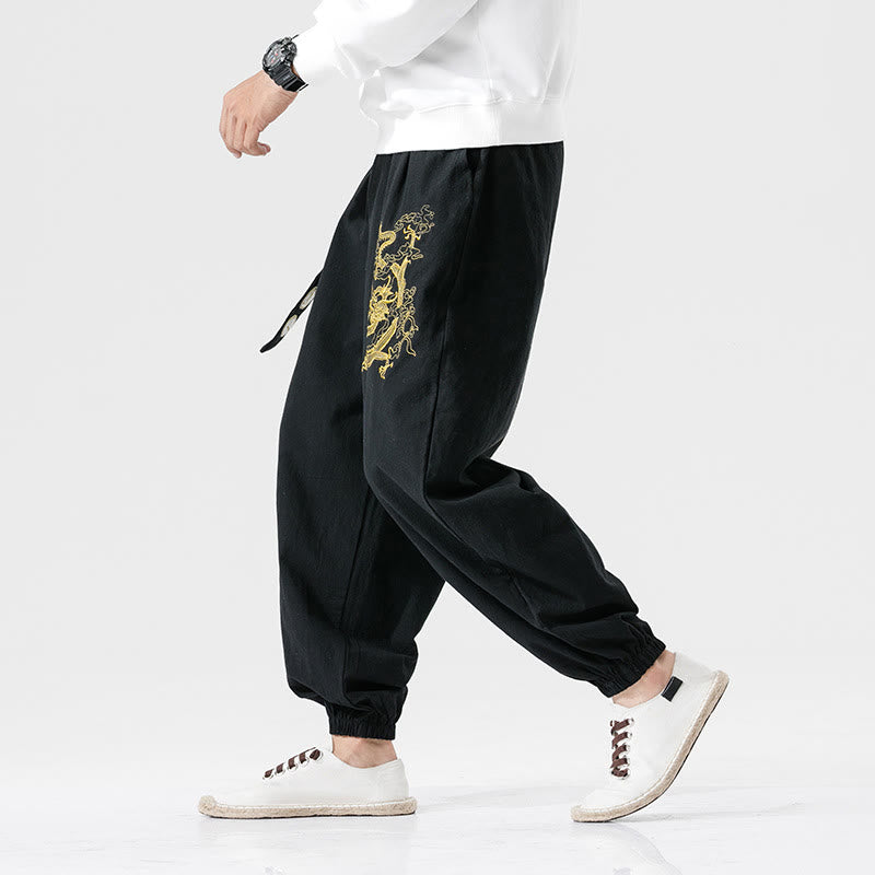 Pantalones de algodón para hombre con bolsillos y Buddha Stones, nubes auspiciosas y dragón - image 1