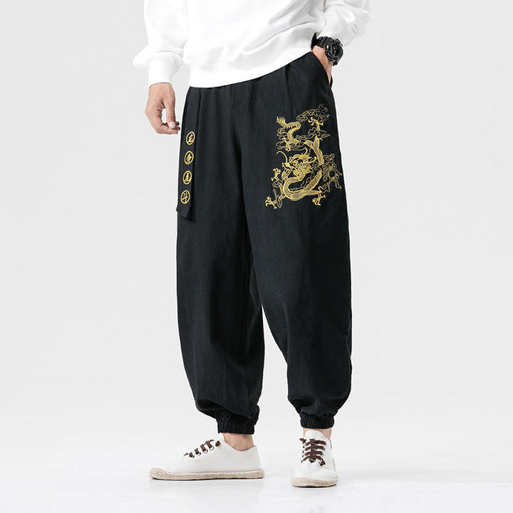 Pantalones de algodón para hombre con bolsillos y Buddha Stones, nubes auspiciosas y dragón - Negro - US/UK/AU46, EU56 (5XL) - image 0